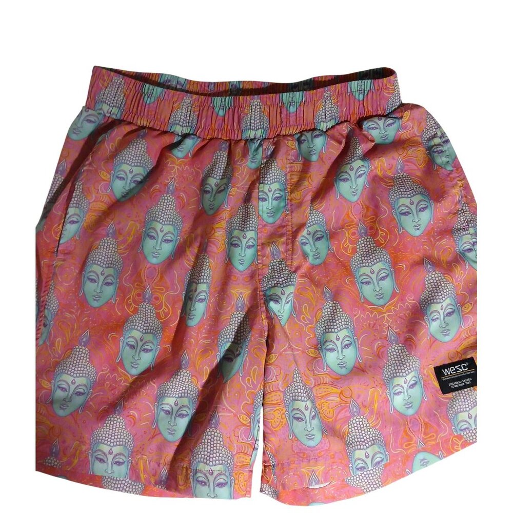 WeSC Mens Size L Austin Style Buddha Print Shorts Pink Multi Pull On Waist